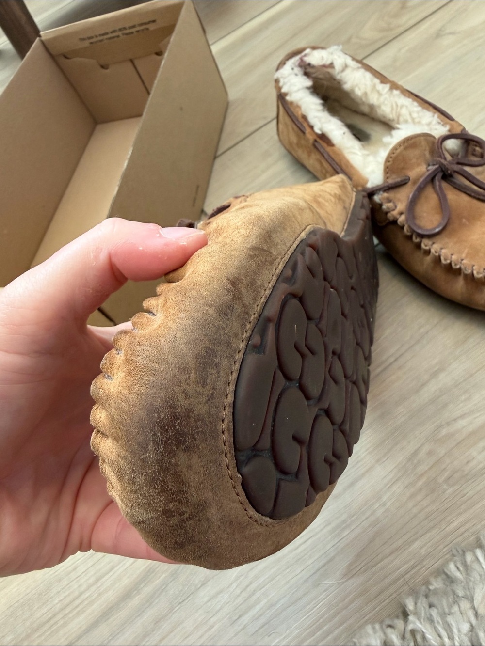 UGG Chestnut Suede Moccasin Slippers with Shearling Trim - Picture 5 of 12